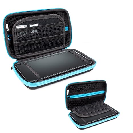 Orzly 3DSXL Case storage bag for 3DS XL or New 3DS XL - hard shell protective case for the original model 3DS XL or the Nue Nintendo 3DS XL console & accessories - BLUE on black