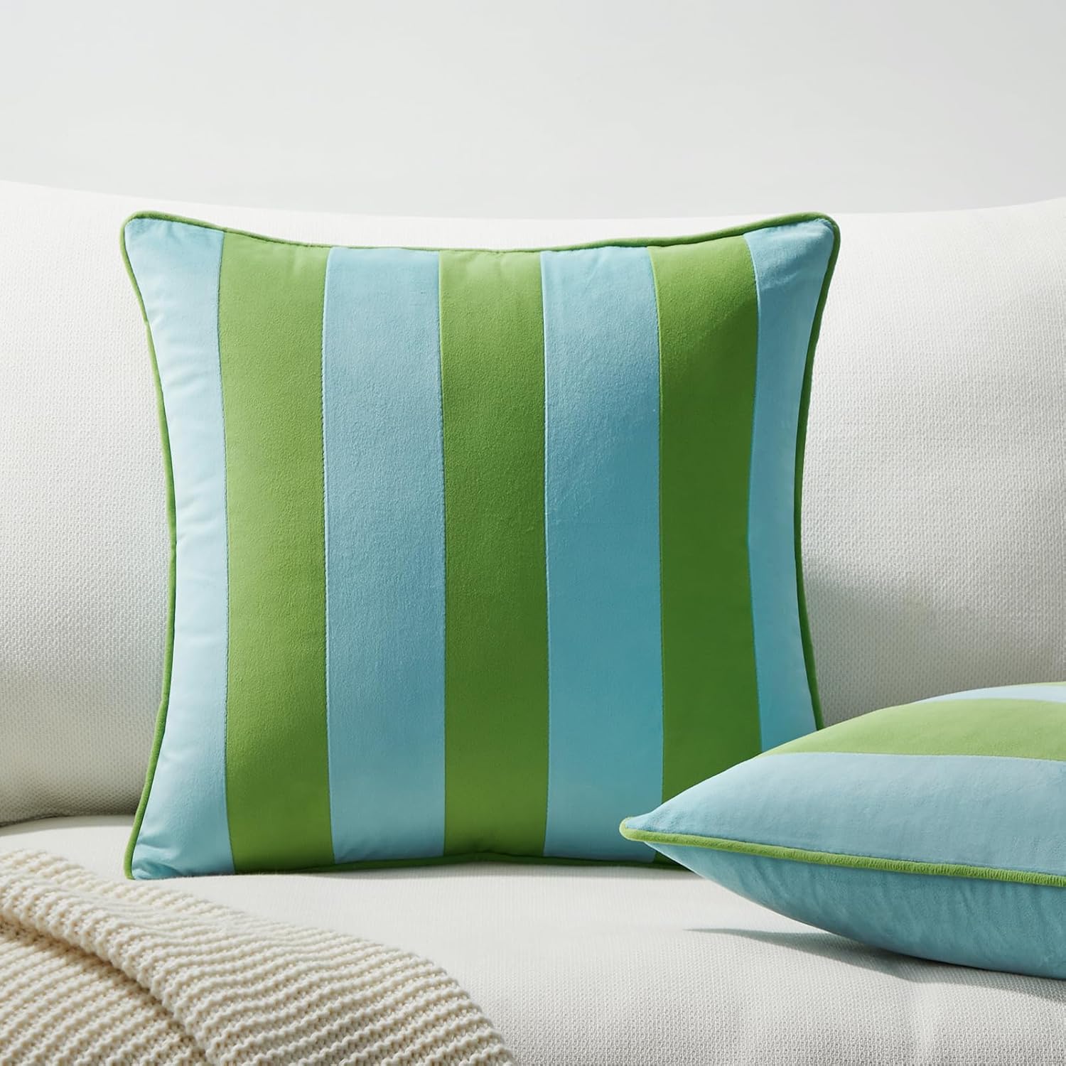 MONDAY MOOSE Decorative Throw Pillow Covers Cushion Cases, Set of 2 Soft Velvet Striped Piping Edge Designs, Pillow Inserts Not Included (20x20 inch, Light Green/Light Blue)