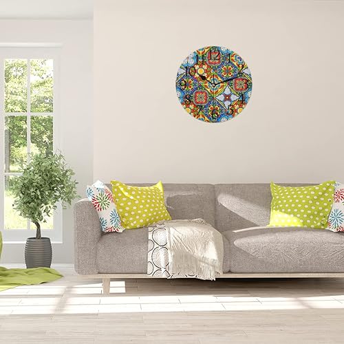 Miniatura 4 de Reloj de pared con azulejos de cerámica mexicana, silencioso, sin tictac, mandala de flores, reloj de pared redondo, funciona con pilas, decoración