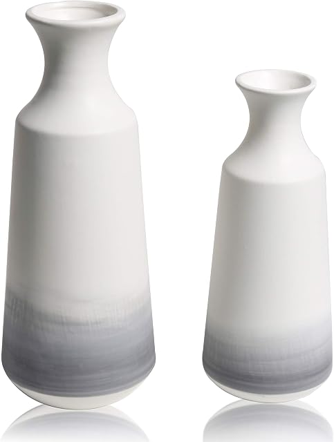 TERESA'S COLLECTIONS Grey White Tall Vase for Flowers, Set of 2 Modern Ceramic Flower Vase for Pampas Grass, Handmade Decorative Pottery Vase for Home Decor, Living Room, Bedroom and Mantel, 25/30.5cm