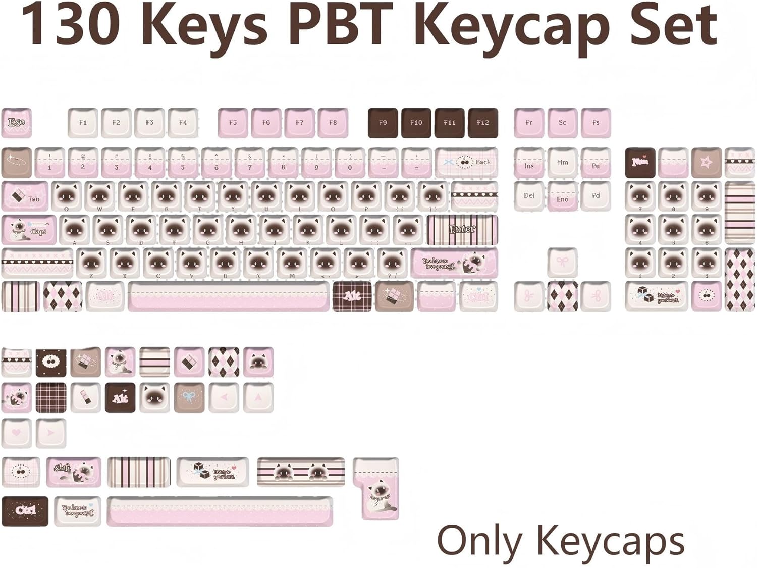 PBT Keycaps-Pink Cat Keycap Mao Profile, Siamese Cat Themed Keycaps Kawaii Cute Keyboard Keycap, Dye-Sublimation Creamy Custom Key Cap for Cherry MX Mechanical Keyboards