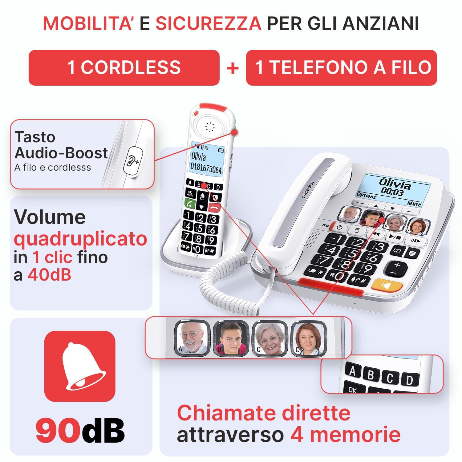 SWISSVOICE - Xtra 3355 Combo - DECT - Telefono con filo per anziani + telefono cordless - Tasti grandi - Segreteria - Audio Boost - Suonerie forti - Compatibile apparecchi acustici - Blocco chiamate