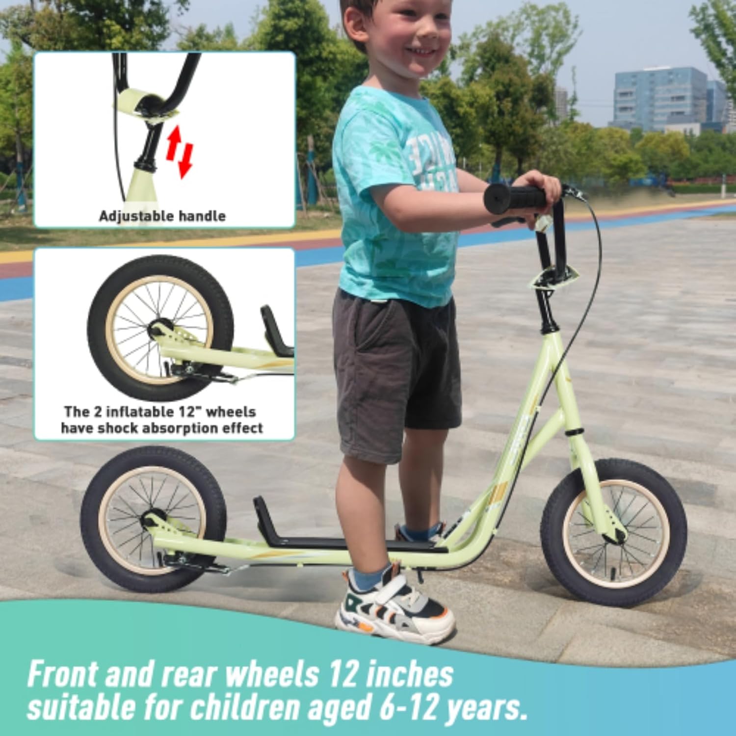 Children's Scooter with Adjustable Handlebars, 12-inch Pneumatic Tires, Widened Non-Slip Pedals, and Brakes. Suitable for Children Over 6 Years Old