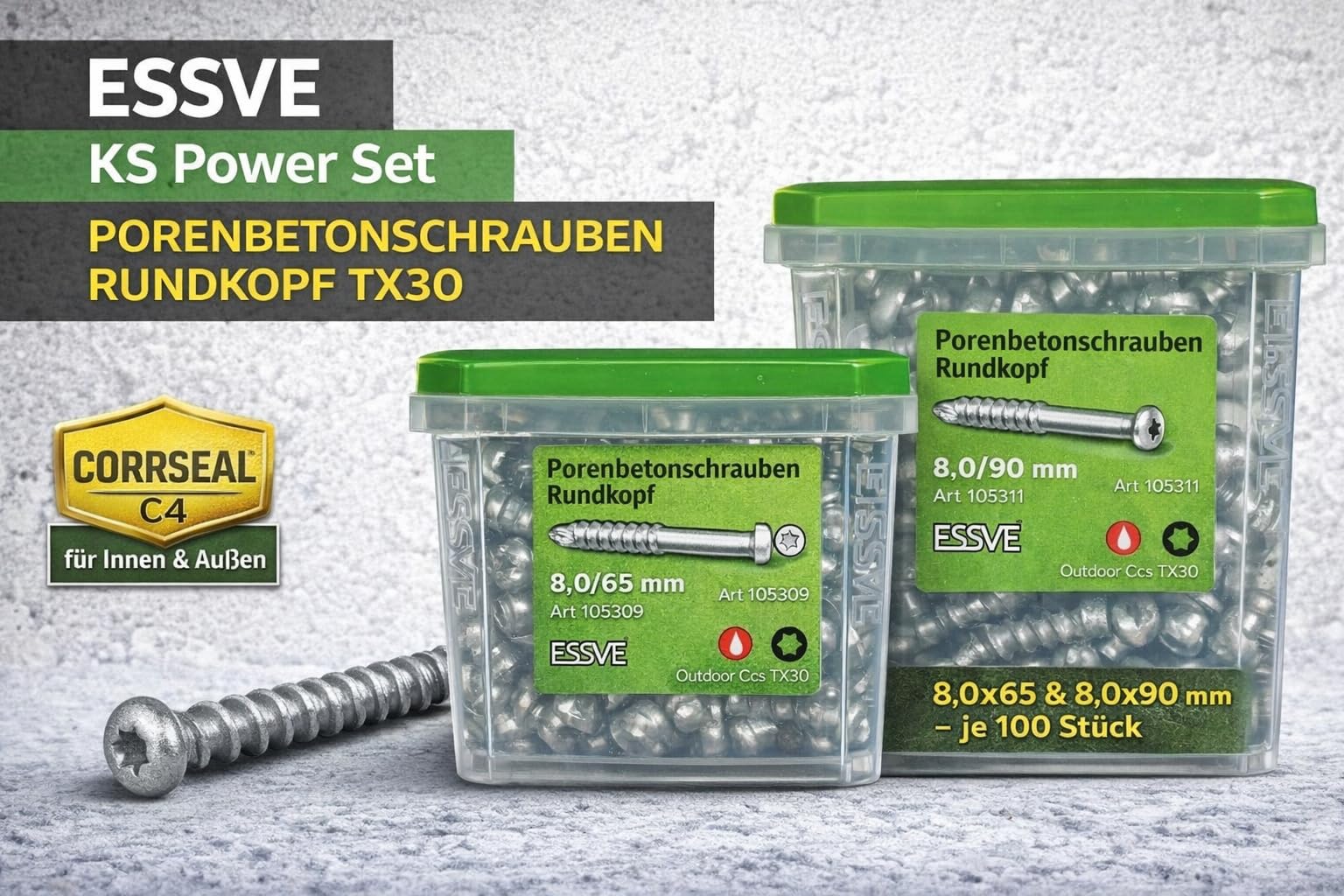 ESSVE Porenbetonschrauben Set 8,0x65 & 8,0x90 mm TX30 Rundkopf CORRSEAL C4 – je 100 Stück | für Ytong, Siporex, Leca | ohne Vorbohren | hohe Tragkraft | Spezialgewinde | ESSBOX+ (8,0x65)