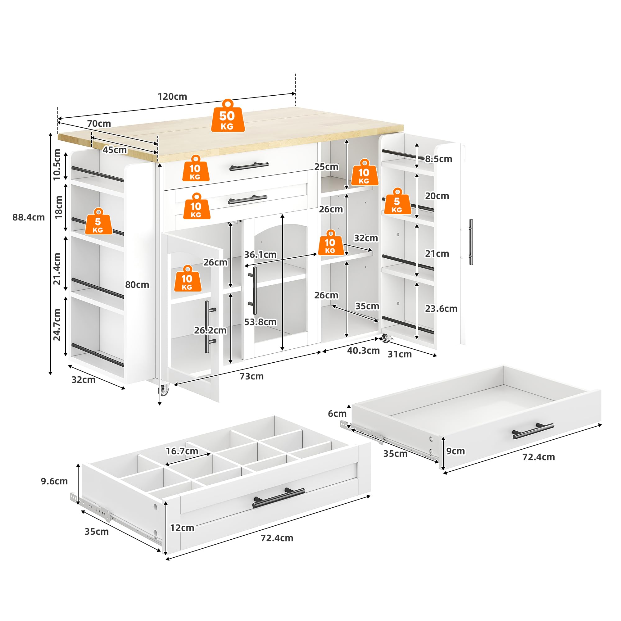 Merax Îlot de cuisine mobile avec plan de travail pliable, chariot de cuisine sur 5 roulettes avec frein, étagère à épices et tiroir, îlot de cuisine avec beaucoup d'espace de rangement, 120 x 45 (70