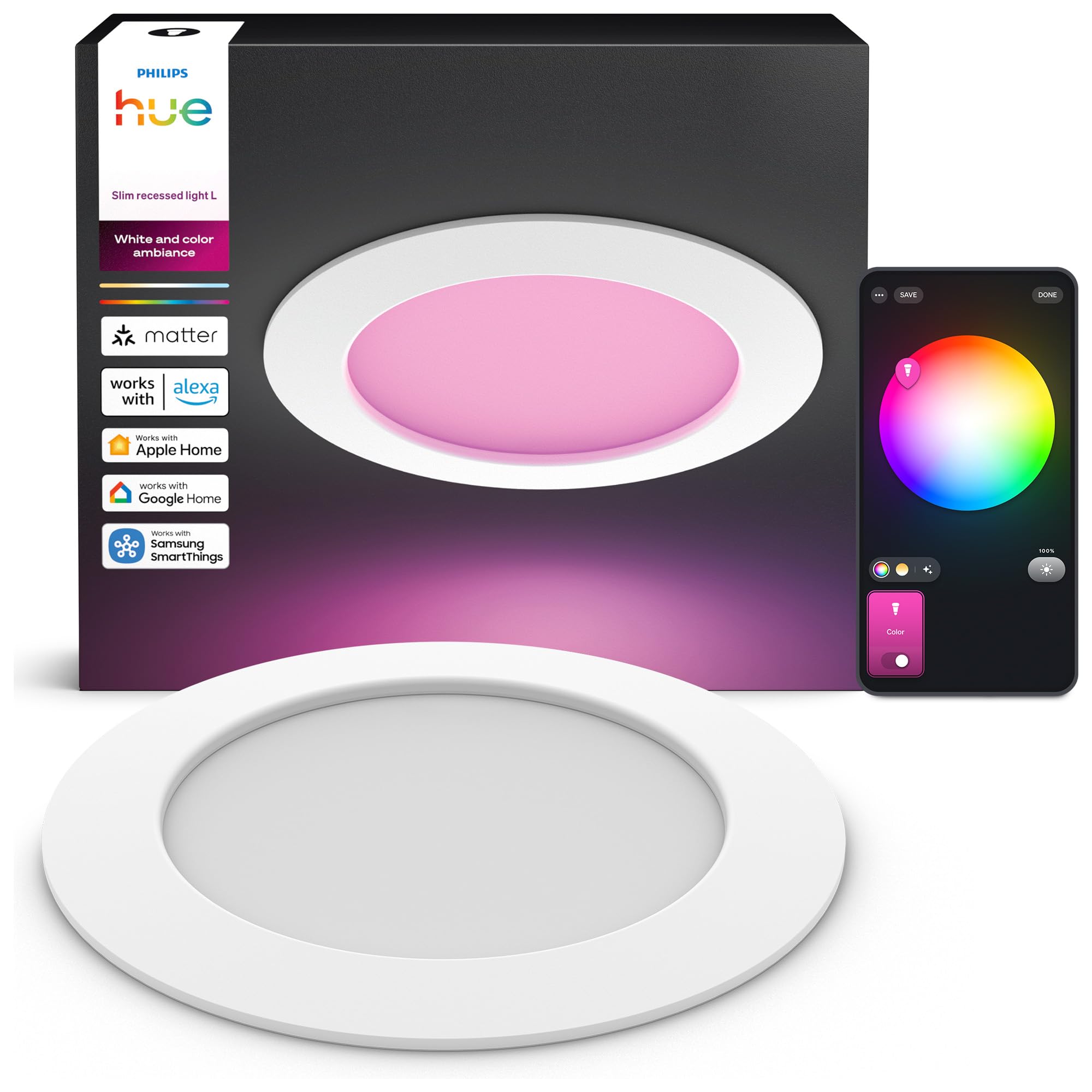 Philips Hue Slim Downlight, Einbaustrahler mit LED-Leuchte, 1.000 lm, 90 mm, Schlankes Design, Vollspektrum-Tagesl. 1.000–20.000 K, Stufenlos Dimmbar, Präzise Farbe, Smart Lighting, Weiß, 3er-Pack