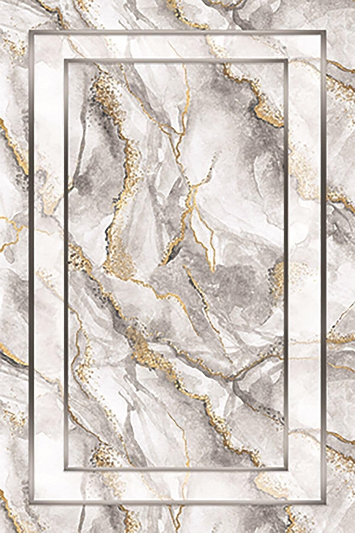 Pelangi Beyaz Mermer Desenli Çerçeveli Yıkanabilir Kaymaz Taban Leke Tutmaz Modern Salon Halısı Ve Yolluk, Beyaz-Gold 100 x 150, 1358102100150728