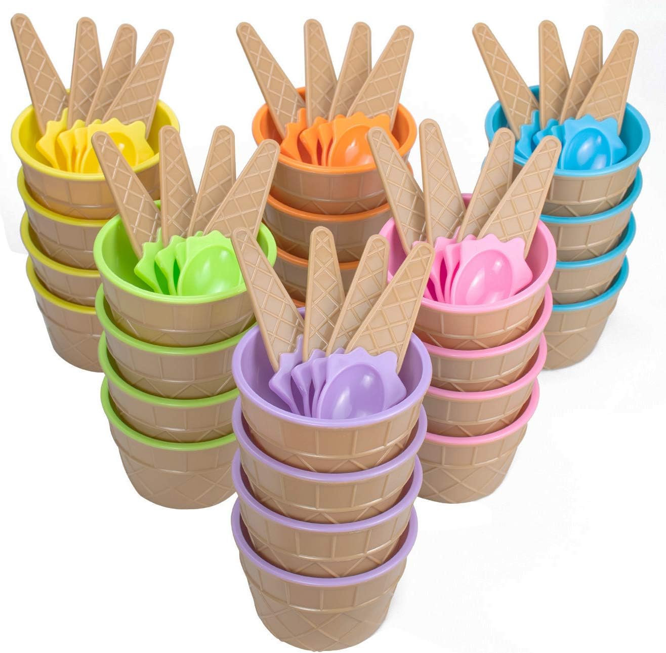 Lawei 24 Pack Plastic Ice Cream Cups with Spoons, Reusable Plastic ice cream bowls, Cartoon Candy Color Cute Ice Cream Dessert Bowls Set for Sundae Frozen Yogurt Summer Holiday Parties, 6 Colors