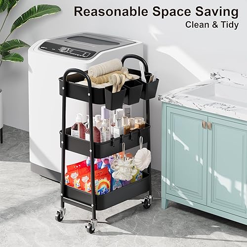 Miniatura 3 de Carrito de metal de 3 niveles con ruedas bloqueables, organizador de almacenamiento de tres niveles negro con ruedas para baño, cocina, lavandería,