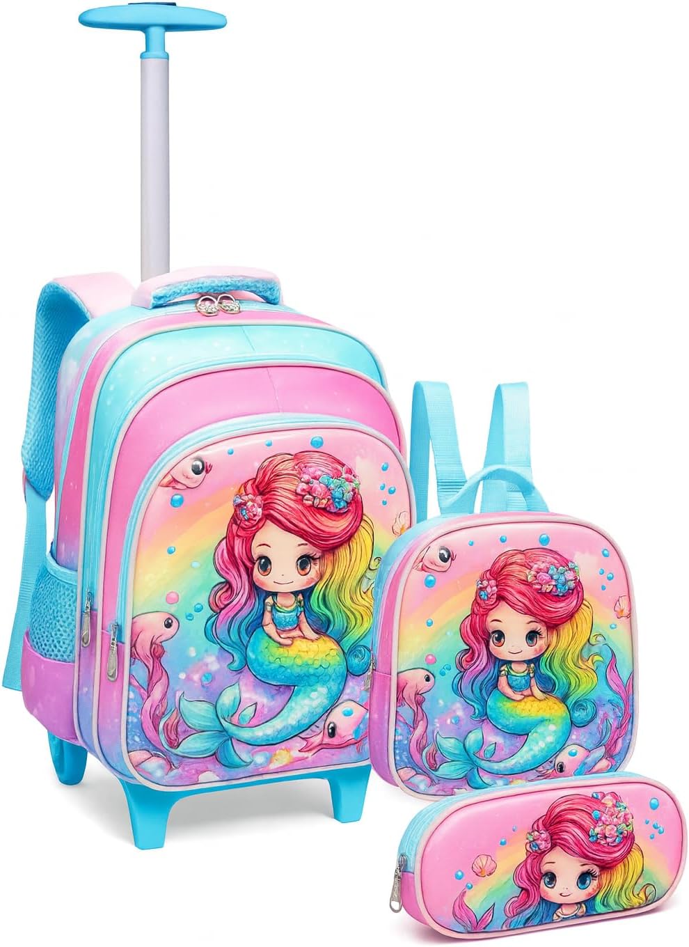 Kit Mochila Escolar Infantil com Rodinhas 3 em 1 para Menina – Mochila + Lancheira + Estojo – Mochila de Rodinha Feminina Infantil - Sereia, Unicórnio e Fada