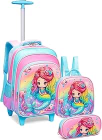 Kit Mochila Escolar Infantil com Rodinhas 3 em 1 para Menina – Mochila + Lancheira + Estojo – Mochila de Rodinha Feminina Infantil - Sereia, Unicórnio e Fada