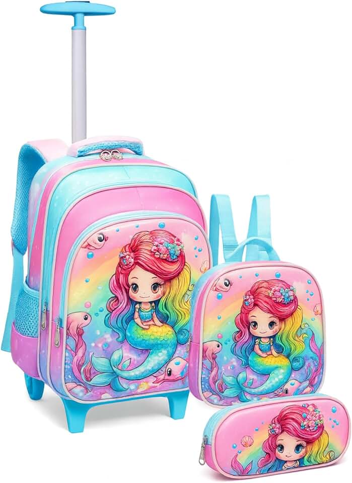 Kit Mochila Escolar Infantil com Rodinhas 3 em 1 para Menina – Mochila + Lancheira + Estojo – Mochila de Rodinha Feminina Infantil - Sereia, Unicórnio e Fada