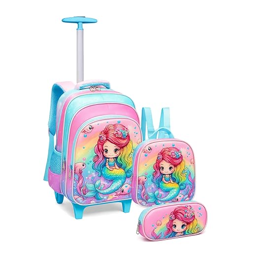 Kit Mochila Escolar Infantil com Rodinhas 3 em 1 para Menina – Mochila + Lancheira + Estojo – Mochila de Rodinha Feminina Infantil - Sereia, Unicórnio e Fada