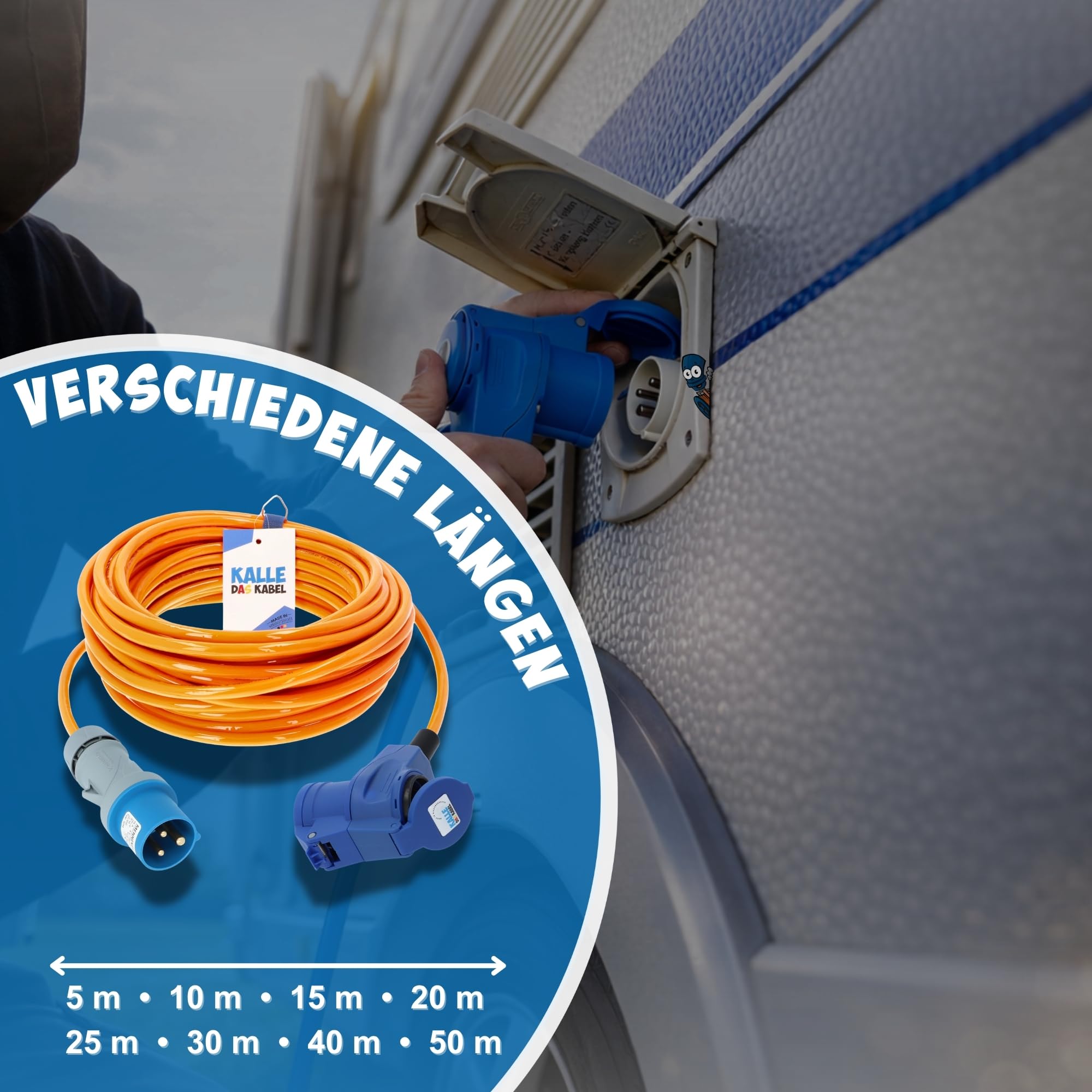 KALLE DAS KABEL Cavo di prolunga CEE 230 V 16 A – H07BQ-F 3G 2,5 mm², spina CEE su attacco angolare CEE con presa Schuko e indicatore di tensione LED, IP44, segnale arancione, campeggio, caravan, 5