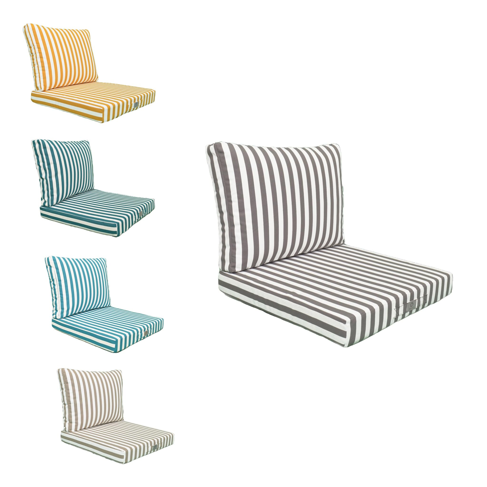 Déco Arts — Lot de 2 Coussins Déhoussables Salon Jardin 50x50 — Assise 50x50 + Dossier 50x35 cm — Imperméable Anti-UV — Remplacement Mobilier Jardin Terrasse Balcon Véranda — Rayures Gris Foncé