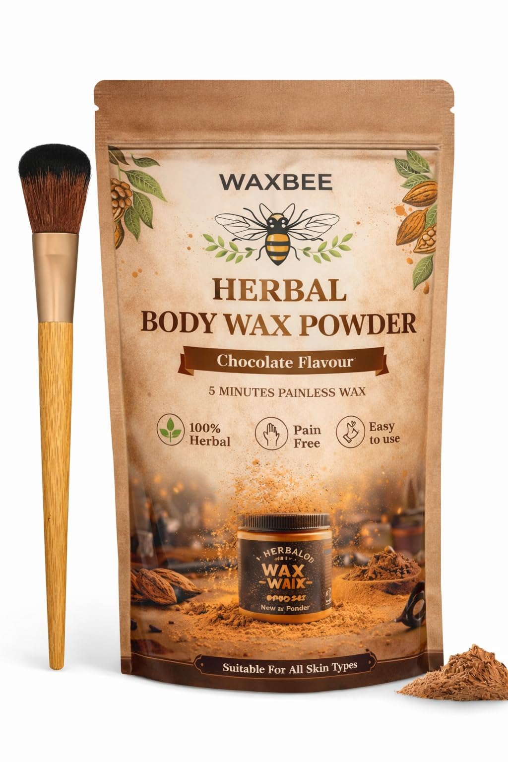 WAXBEE Herbal Body Wax Powder, Chocolate Scent, 100g, Painless Hair Removal, 100% Herbal, Pain Free, Easy to Use with Free Brush-image-8