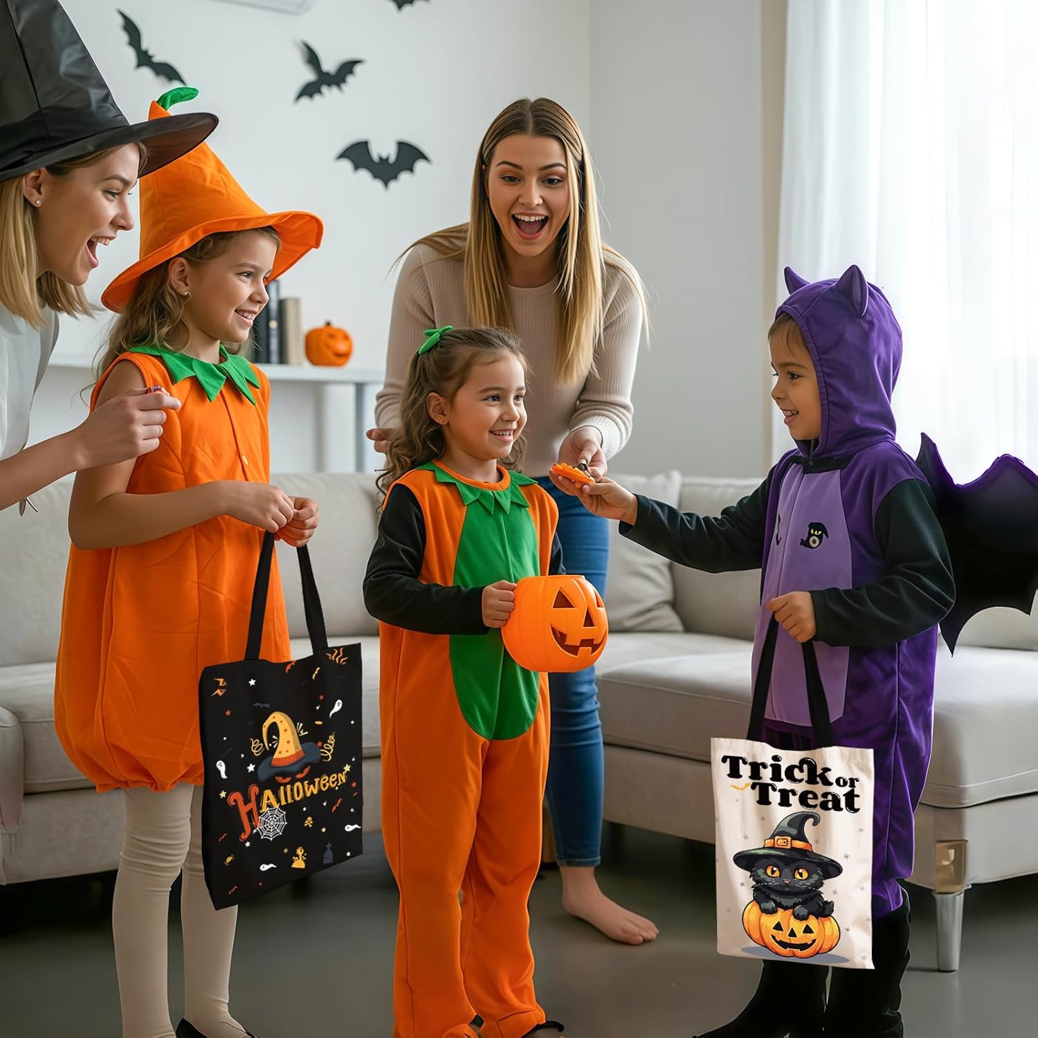 TYL&TYS Halloween Treat Bags, 3Pcs Trick or Treating Bags, Halloween Candy Canvas Tote Gift Bag, Reusable Grocery Boo Basket for Kids - Image 4