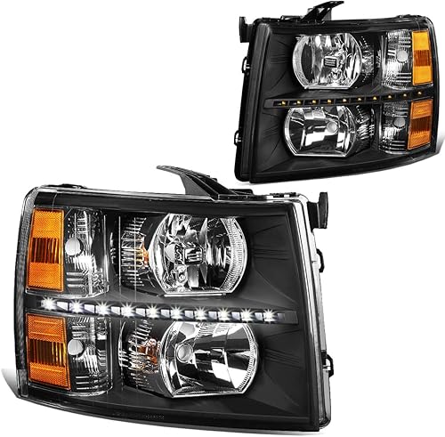 DNA MOTORING Par de faros LED DRL compatibles con Chevy Silverado 1500 07-14 Silverado 2500 3500 HD, negroámbar, HL-LED-CSIL07-BK-AM