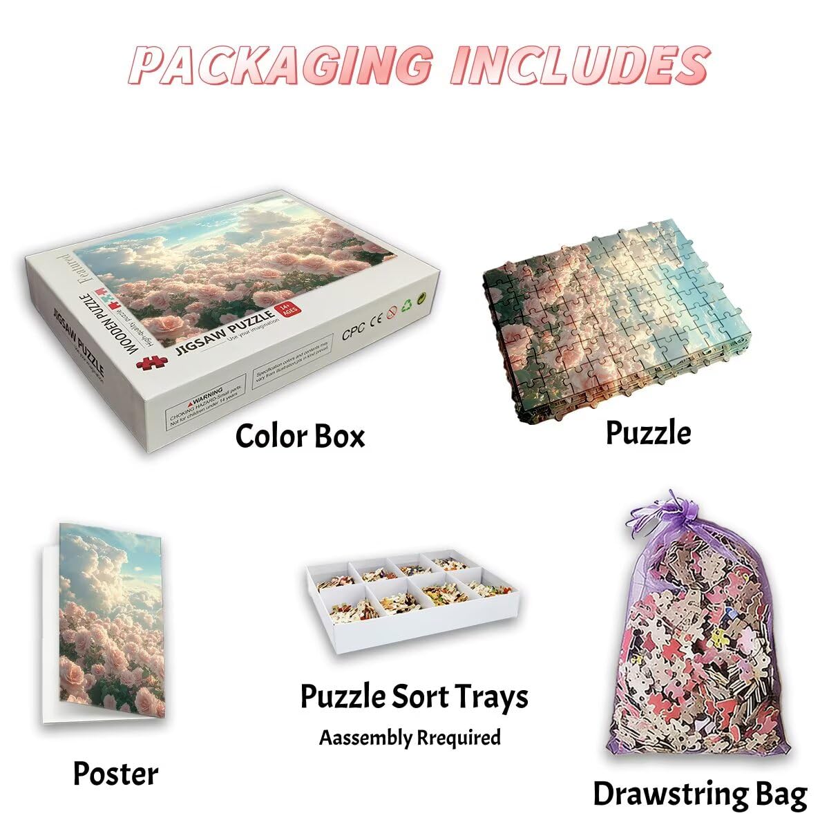 Puzzle 1500 elementów różowych, puzzle 1500 elementów chmura dla dorosłych, drewniane puzzle dla dorosłych, gry edukacyjne, puzzle z wykwintnym pudełkiem do pakowania prezentów dla kobiet, obraz do