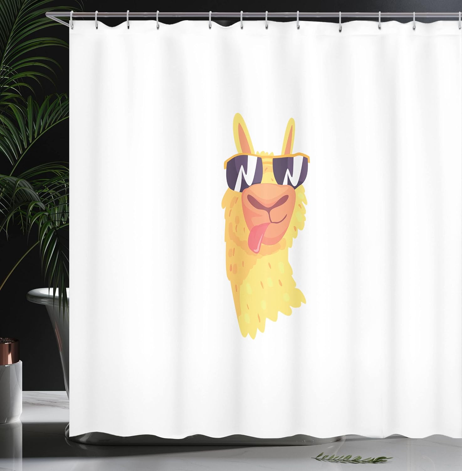 Ambesonne Llama Shower Curtain, Funny Sunglasses Wearing Farm Animal Cartoon Character South American Mascot Design, Cloth Fabric Bathroom Decor Set with Hooks, 69" W x 70" L, Cream Blush