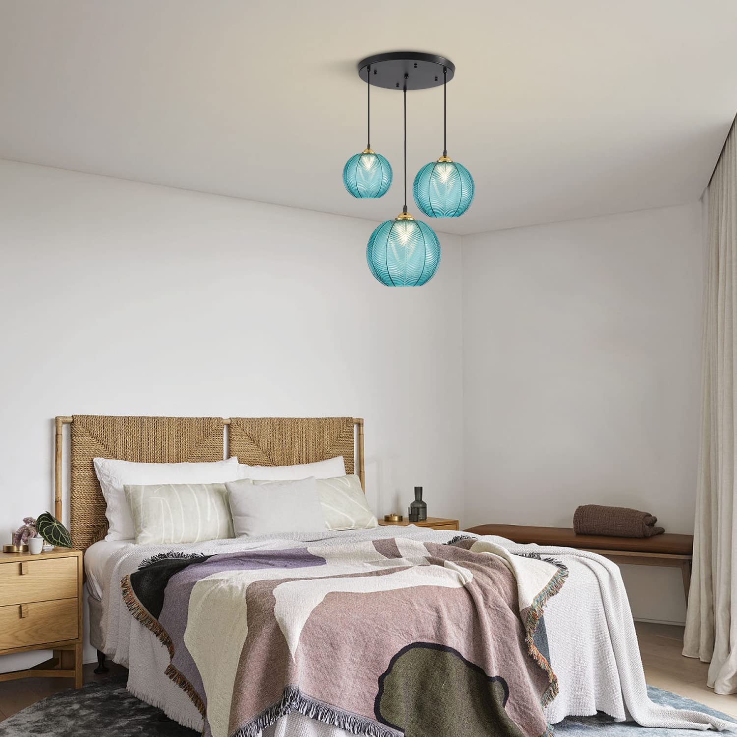 KCO Lampada a sospensione moderna a 3 luci, in vetro a righe, colore blu, per soggiorno, sala da pranzo, camera da letto
