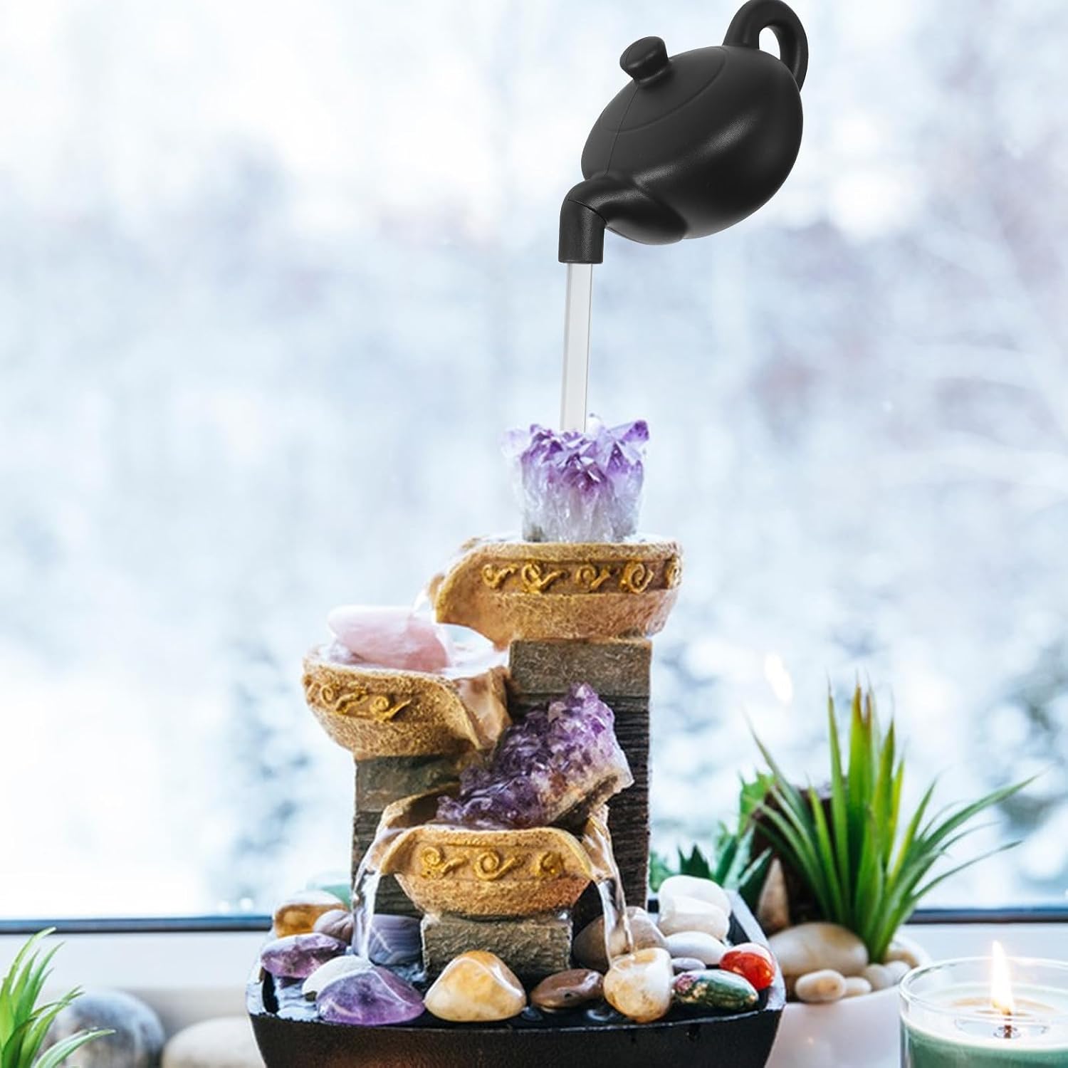 OSALADI Floating Teapot Fountain Accessory with 13cm Support Tube, Black Ceramic Invisible Flowing Water Tabletop Fountain for Home and Office Decor