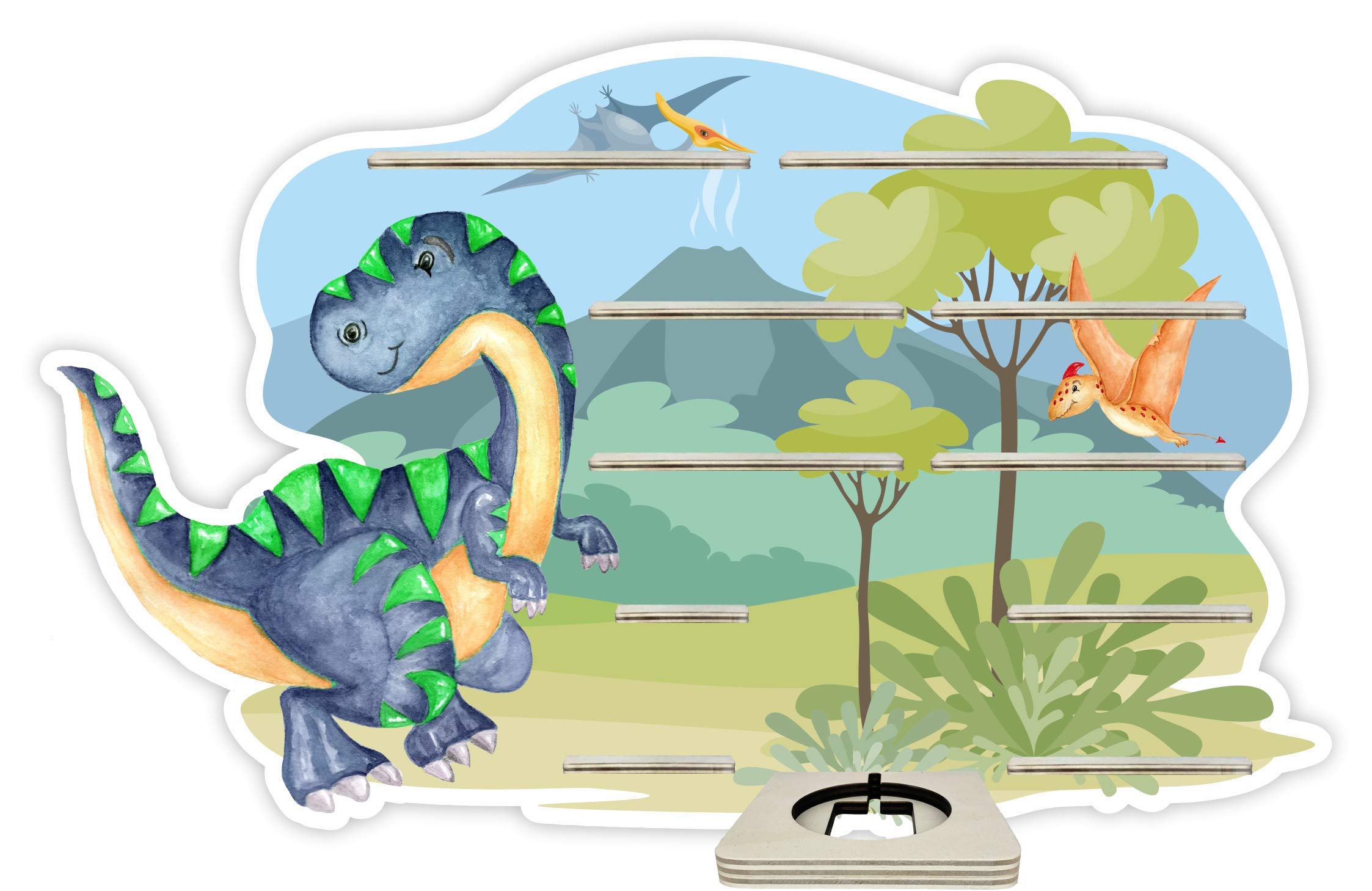 Farbklecks-Collection Musikboxregal Dinoabenteuer, Wandregal für bis zu 40 Hörfiguren, Maße 49 x 76 x 6 cm, mit speziellem Ablagefach kompatibel mit Toniebox, handgefertigt in Deutschland
