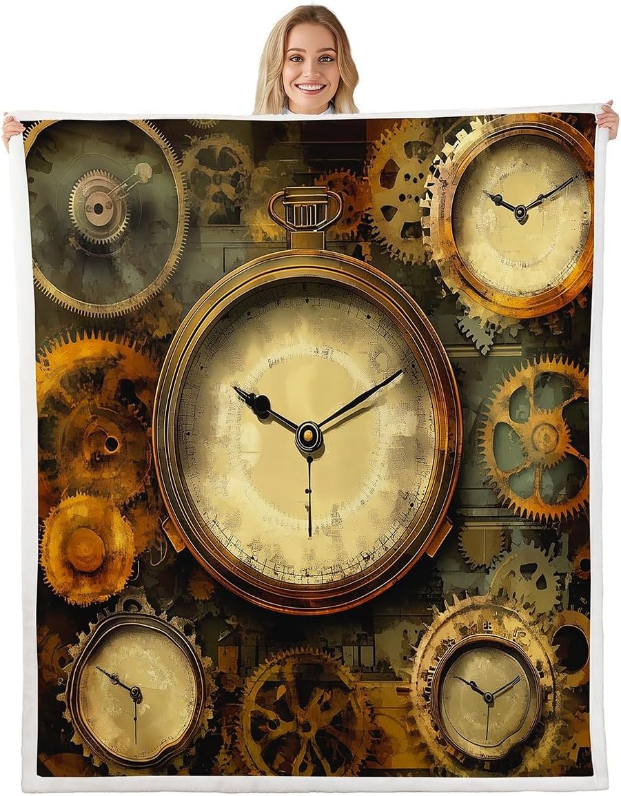 Erosebridal Ndustrial Gear Throw Blanket Steampunk Style Plush Blanket Clocks Theme Fuzzy Blanket Mechanical Device Retro Brown Fleece Blanket, Queen, Room Decoration Warm Plush
