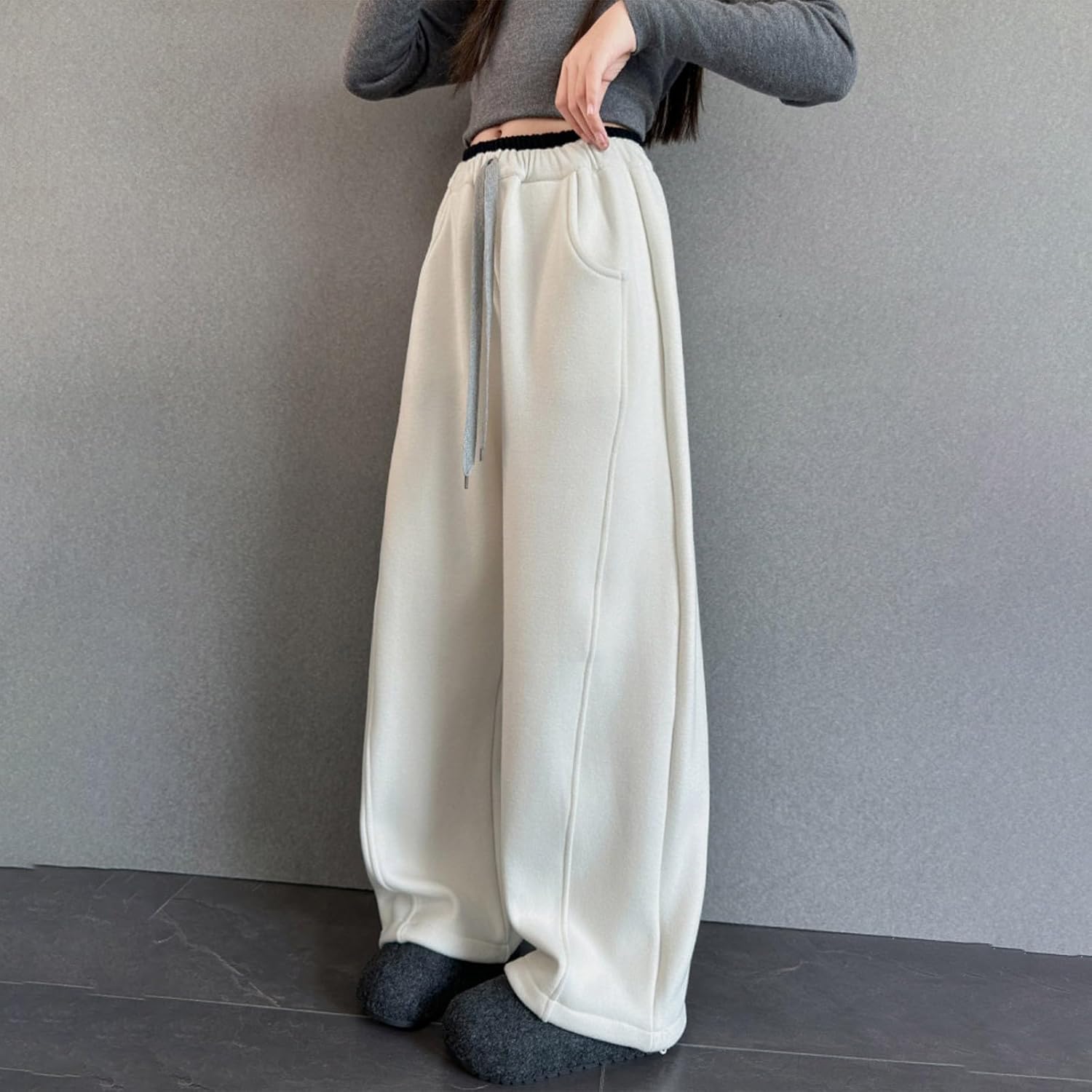 Girls Fleece Lined Sweatpants Baggy Wide Leg High Waist Joggers Pants Winter Warm Cute Oversized Track Pants