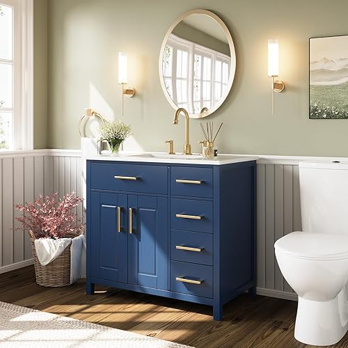 Miniatura 8 de Combinación de tocador de baño de 36 pulgadas con lavabo, moderno juego de gabinete de baño individual pequeño, incluye encimera de 37 pulgadas y