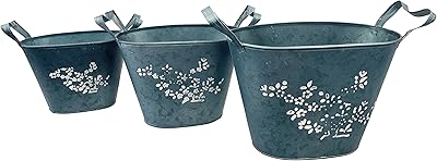 Red Carpet Studios 20161 Galvanized Metal Nesting Planters, Set of 3, White Flowers