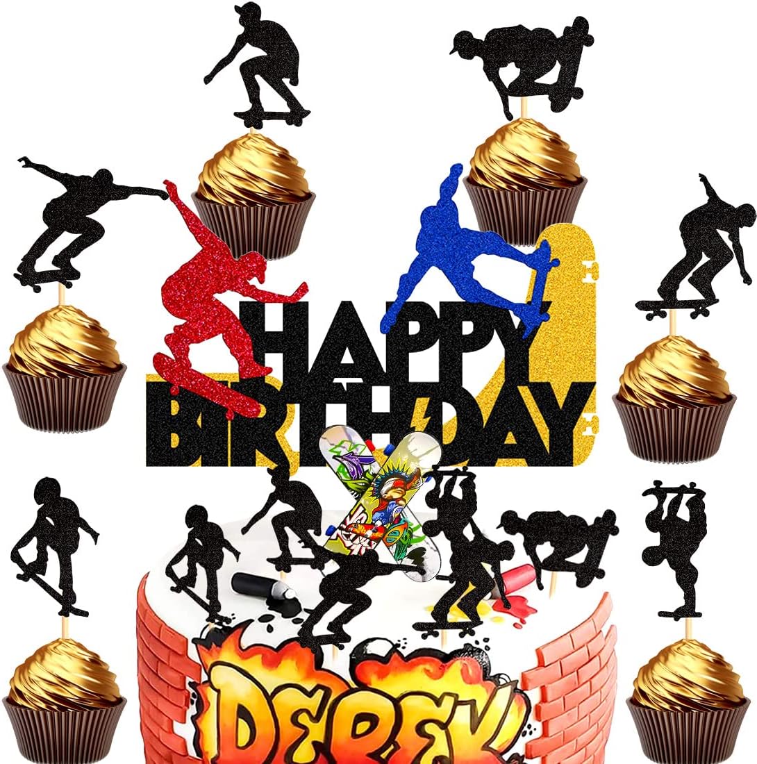 Skateboard Cake Toppers, Doyomtoy, Pack of 15 Cake Toppers, Happy Birthday Skateboard Cake Toppers, Skateboard Cake Decoration for Boy, Birthday Party Decoration