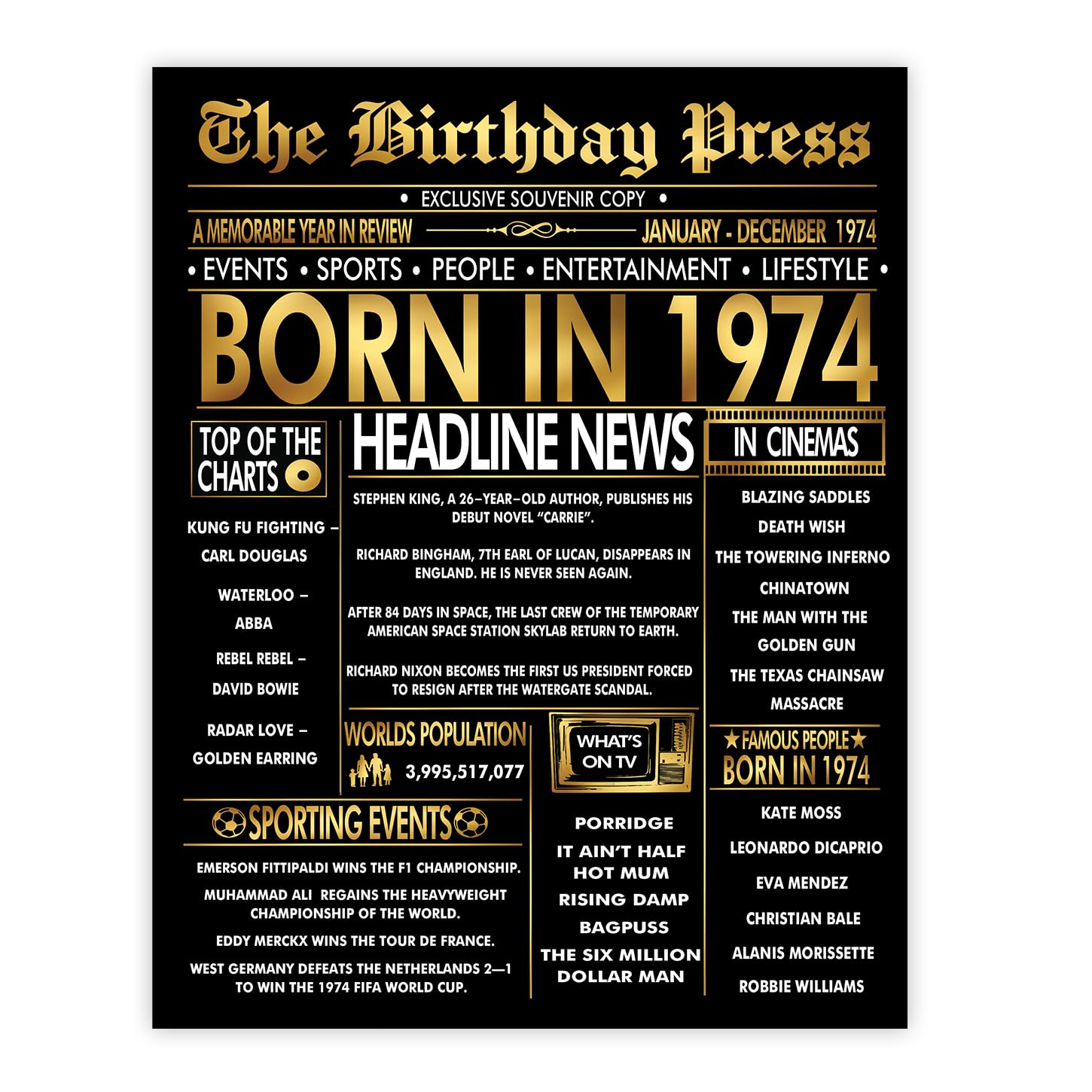 Stuff4 Gold 52nd Birthday Poster Unframed - Golden Born In 1974 Newspaper - Happy 52 Birthday for Men Women Retro Vintage Gifts Back In 1974, 8x10 Inch Bday Party Decor Decoration