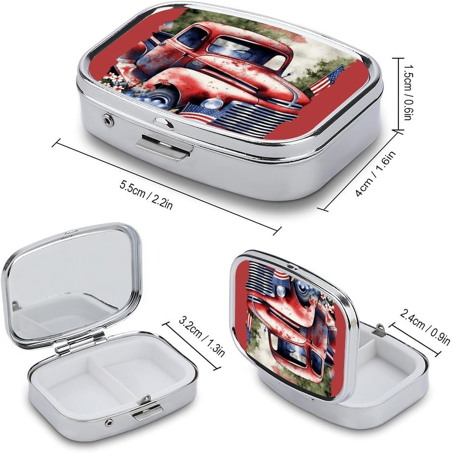 4th of July Patriotic Old Red Truck Square Pill Case, Metal Pill Organizer image 2