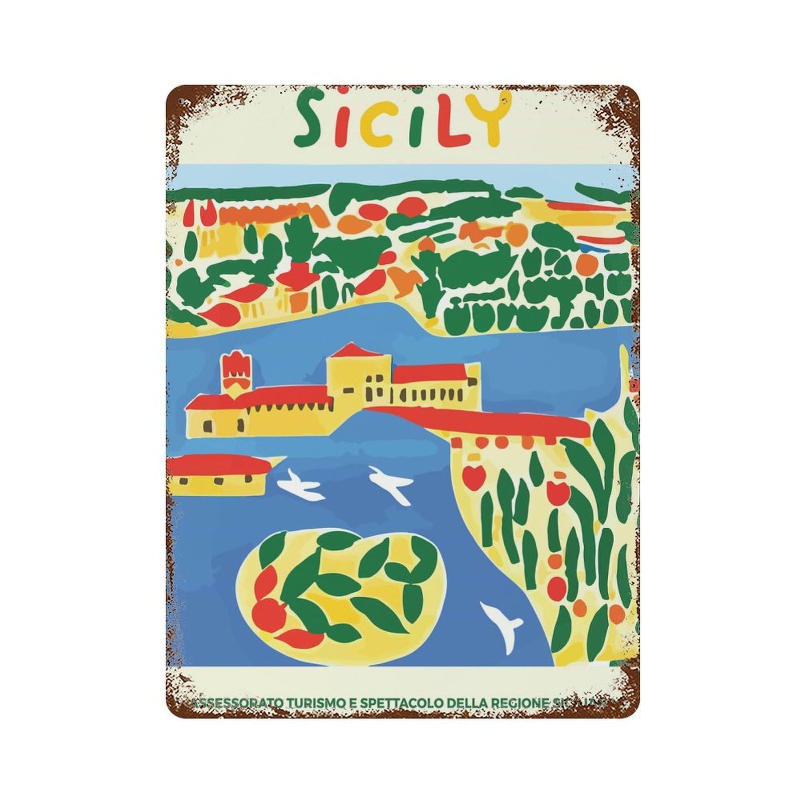 Vintage Rust Metal Sign with Sicily Colorful Landscape Design 15.7"x11.8", for Office, Studio And Wall Decor, Farmhouse Wall Decor