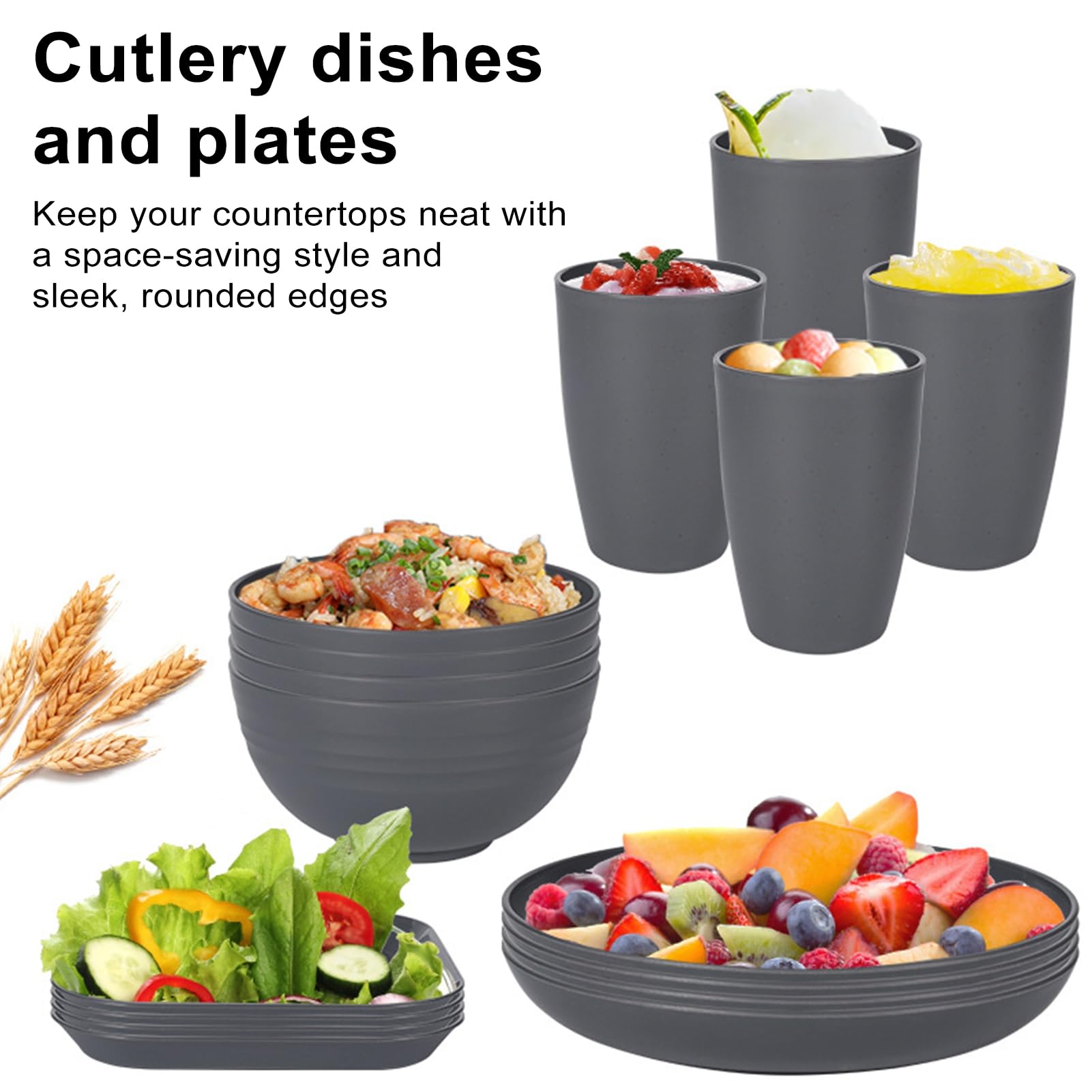 Juego de vajilla de plástico de 32 piezas, platos reutilizables para 8 personas, platos de plástico irrompible para camping, picnics, fiestas, reuniones familiares, gris oscuro
