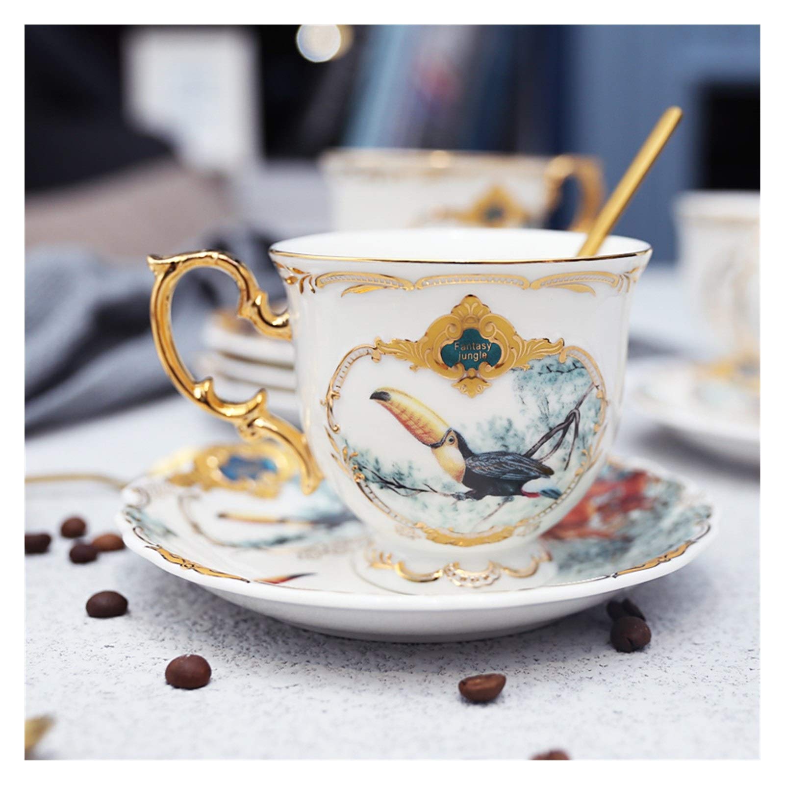 QSCTYG Cup And Saucer Set Porcelain Coffee Cup Set Jungle Animal Coffee Cup And Saucer Bird Monkey Style Gold Bone China Tea Cup 49 (Color : 01) - Image 3