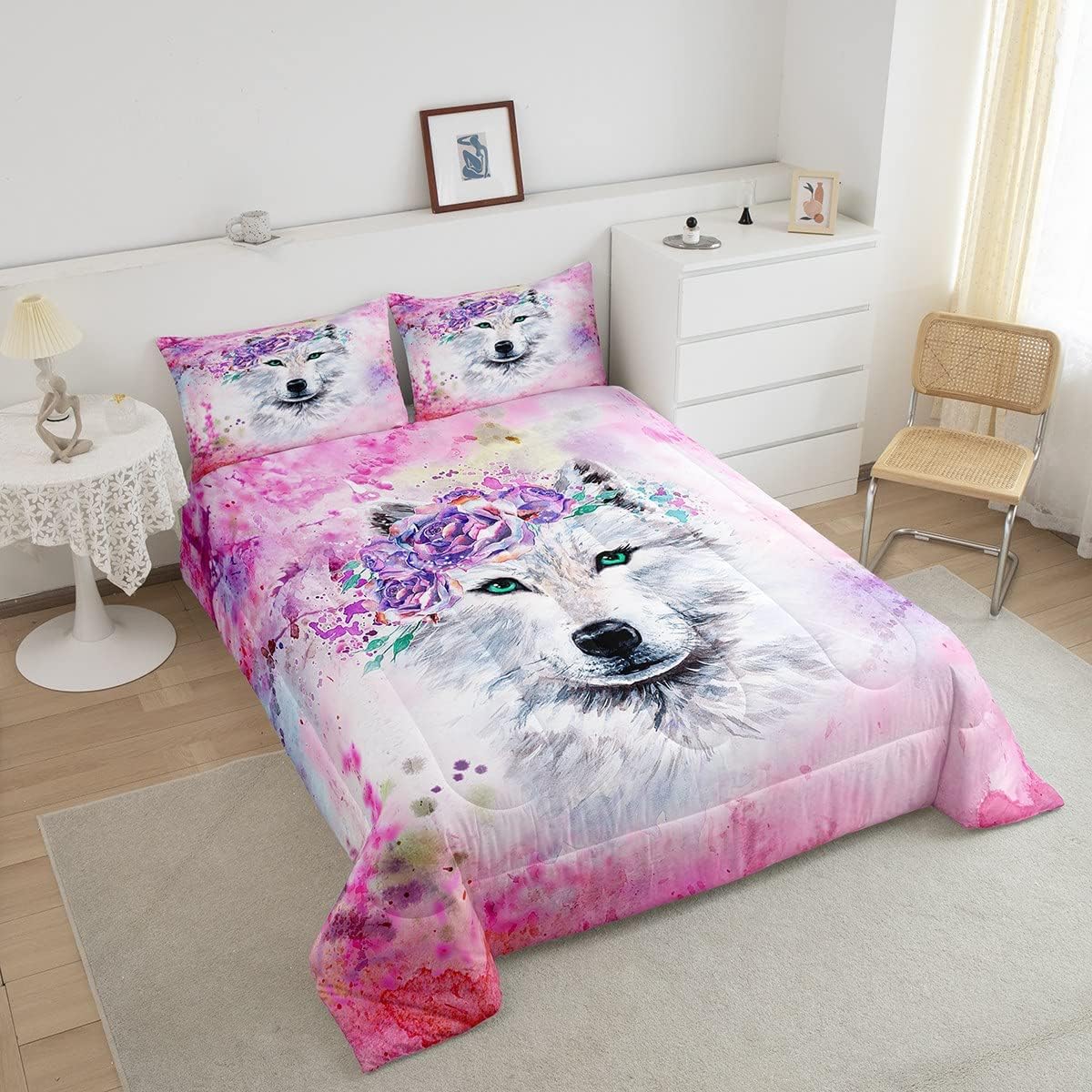 Feelyou Wolf Warm Comforter Tie Dye Pink Wolf Print Twin Size Bedding Set for Kids Boys Girls 3D White Wolf Animal Floral Decor Comforter Set Wildlife Quilt Set Bedroom Collection 2Pcs