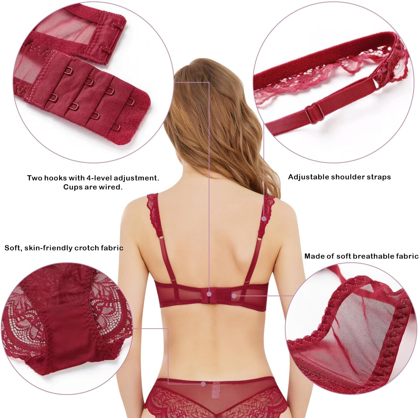 Guoeappa Women's Lace Bra and Panty Set Underwire Lingerie Cup Sized (32B-40D) Unlined Sheer Bra Matching Panties 2 Piece - Image 4