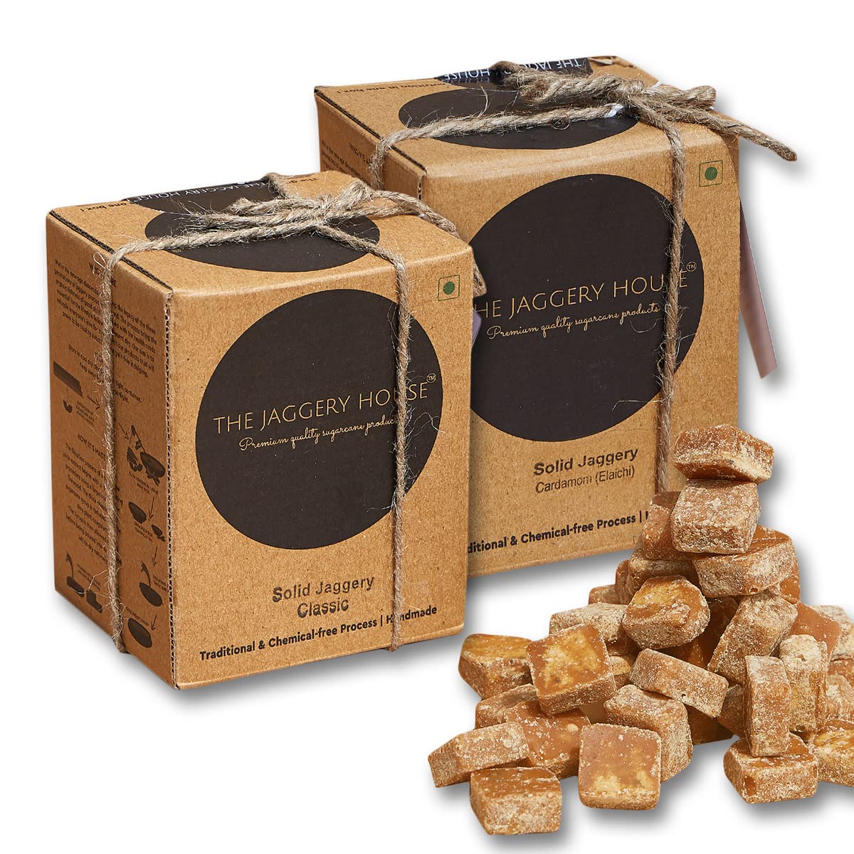 The Jaggery House | Solid jaggery- Cardamom (Elachi) & Classic Combo | 100% Natural | No Essence | No Preservatives | Handmade | Chemical Free | Jaggery Block | Jaggery Cubes | Combo pack | 2X(450 g)