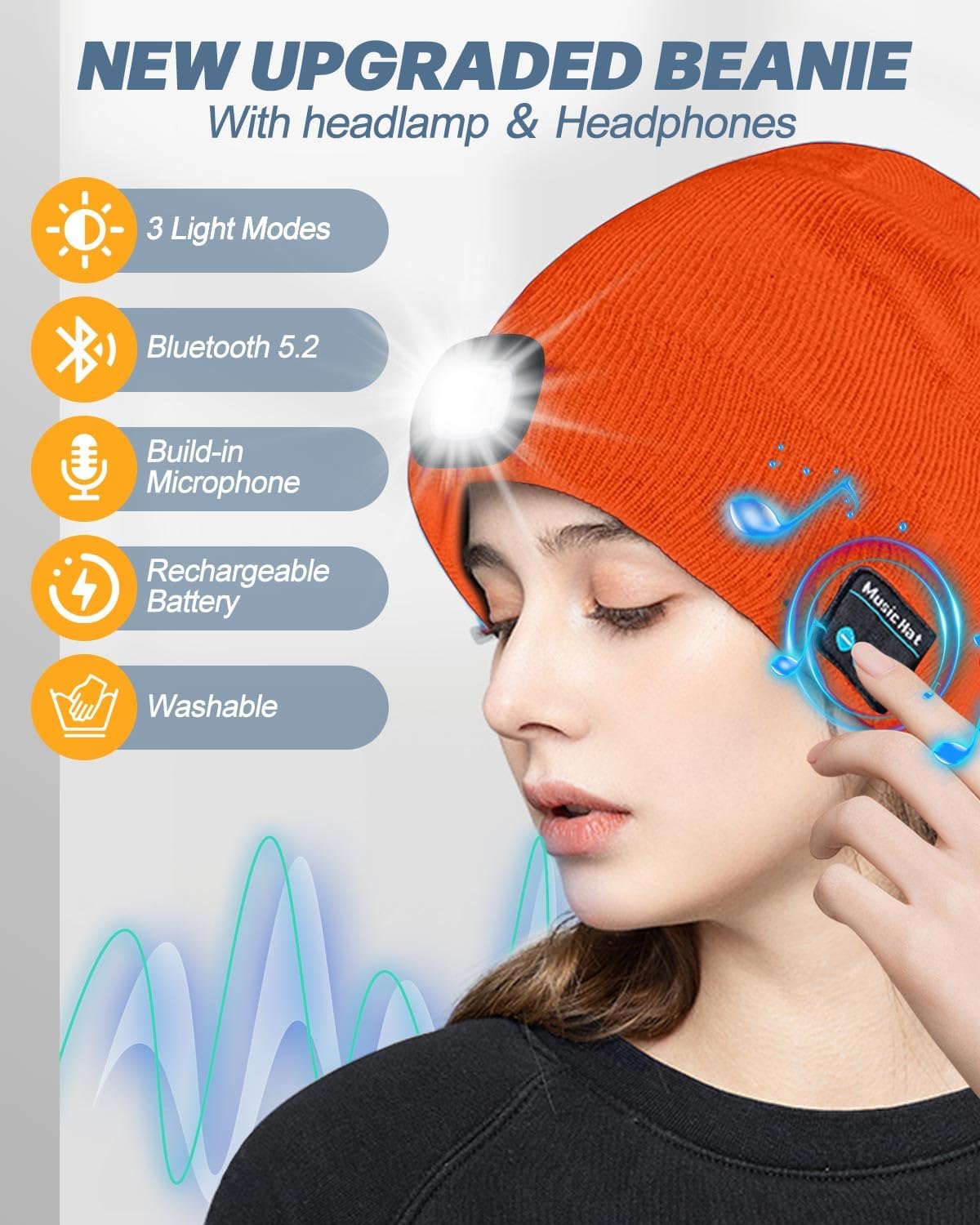 Bluetooth Beanie with Light, USB Rechargeable LED Headlamp Winter Hat, Men Women Valentine's Day Gifts - Image 2