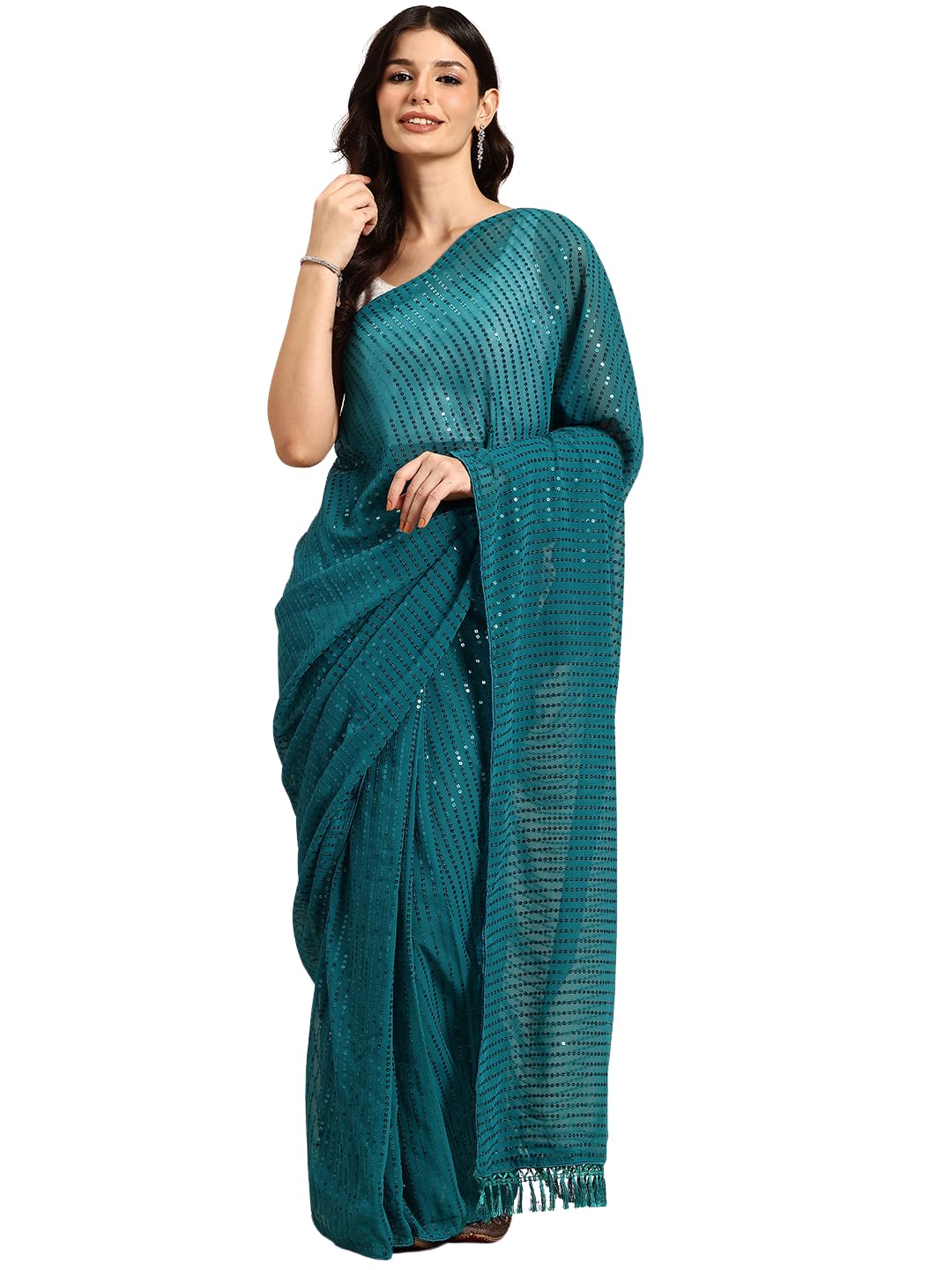 Women's Georgette Sequins Ready To Wear One Minute Saree for women With Unstitched Blouse.