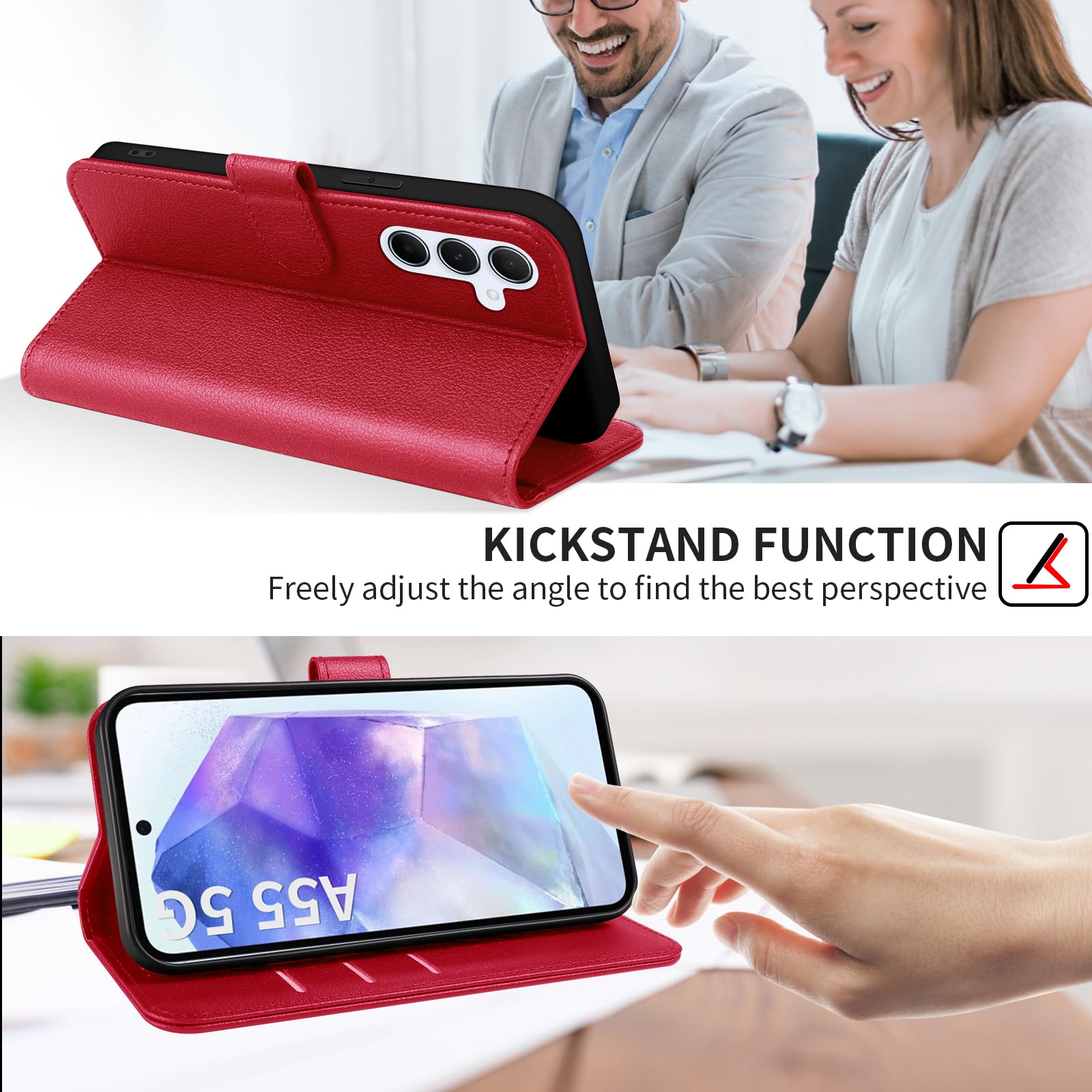 UITUIM Cover per Samsung Galaxy A55 5G Cover Custodia a Libro Portafoglio in Pelle con Vetro Temperato Pellicola Cover Porta Carte Flip Case Protettiva Custodia per Samsung Galaxy A55 5G,Rosso