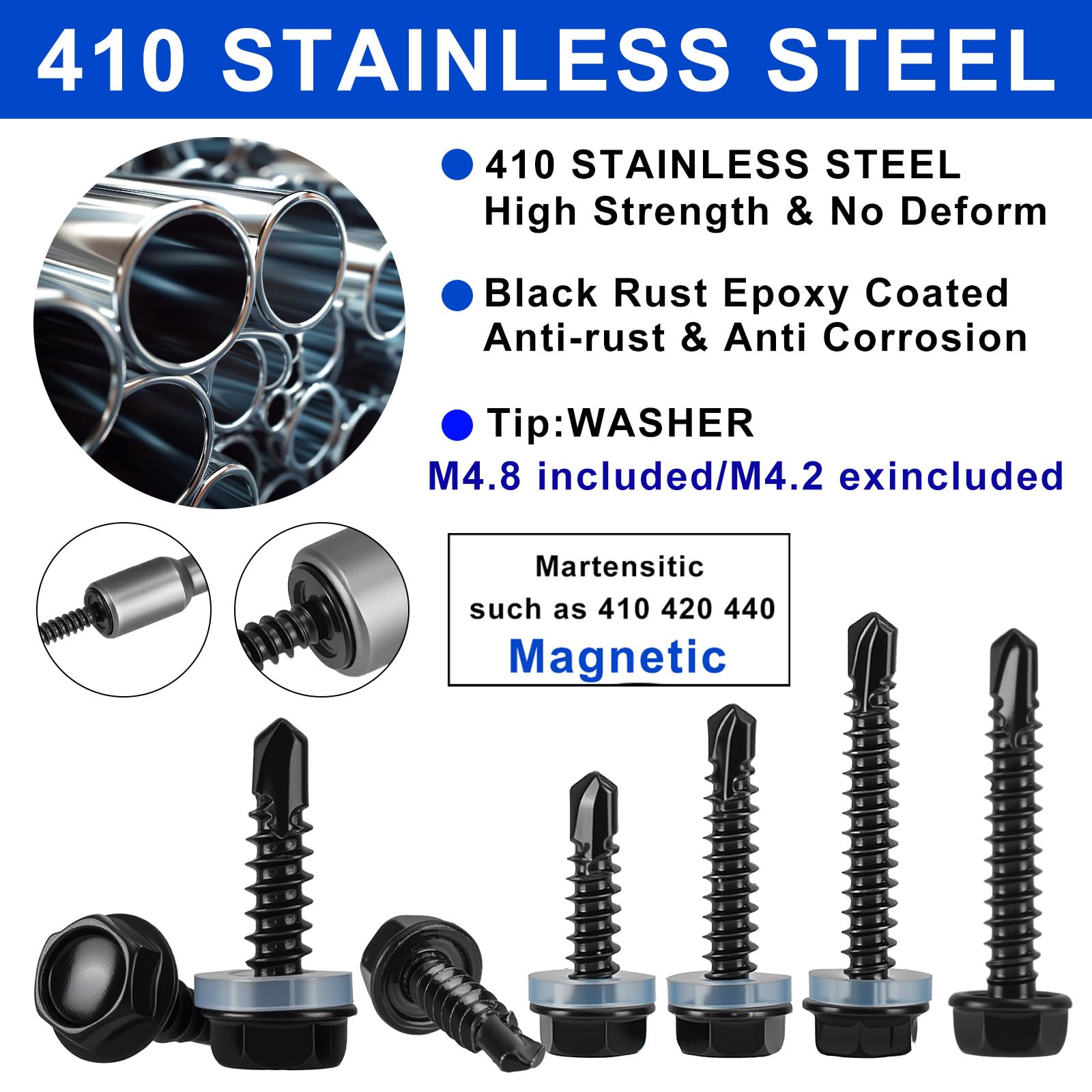FandWay 260 Pcs Hex Head Self Drilling Screws for Metal,M4.2 M4.8 Hex Washer Self Tapping Sheet Metal Tek Screws,410 Stainless Steel Black Coating,Length 13mm to 50mm for Steel/Wood/Plastic - Image 3