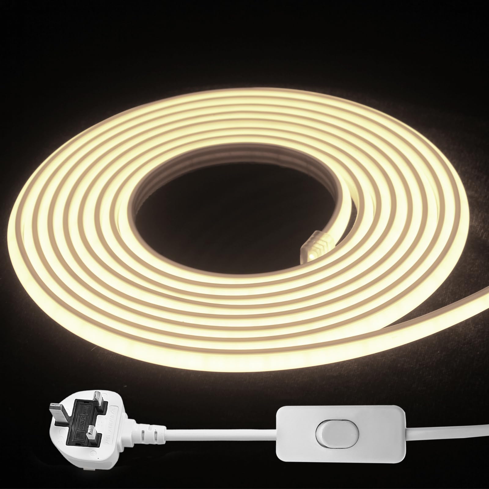 STHomedeco LED Strip Light - Flexible COB Neon Light Strip, Cut to 10cm, IP65 Waterproof 220V Neon Rope Strip for Indoor Outdoor Decor with UK Plug Power Supply (3000K, 10M)