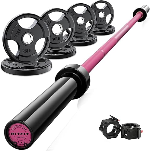 Miniatura 27 de RitFit Barbell Weight Set - 4/6FT Olympic Barbell with Weight Plates (55-115LB Total) - Weightlifting Equipment for Squats, Curls, Deadlifts,
