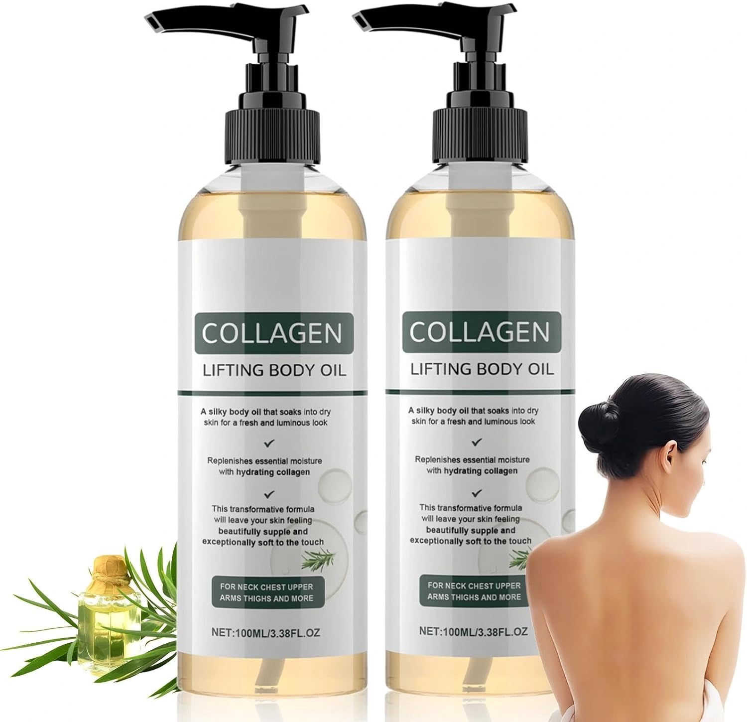 2Pcs Collagen Oil for Skin Tightening, Firming Body Oil Set – Moisturizing, Nourishing Massage Serum for Skin Care after Shower, Ideal for Neck, Chest, Upper Arms, Thighs, and Hips