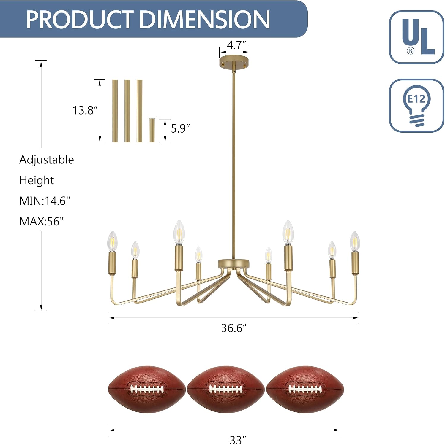 8-Light Gold Chandelier,Gold Light Fixture for Kitchen, Modern Dining Room Light Fixture,Brushed Candle Lighting for Living Room Kitchen Island Bedroom Foyer Entryway,36.6in,E12.