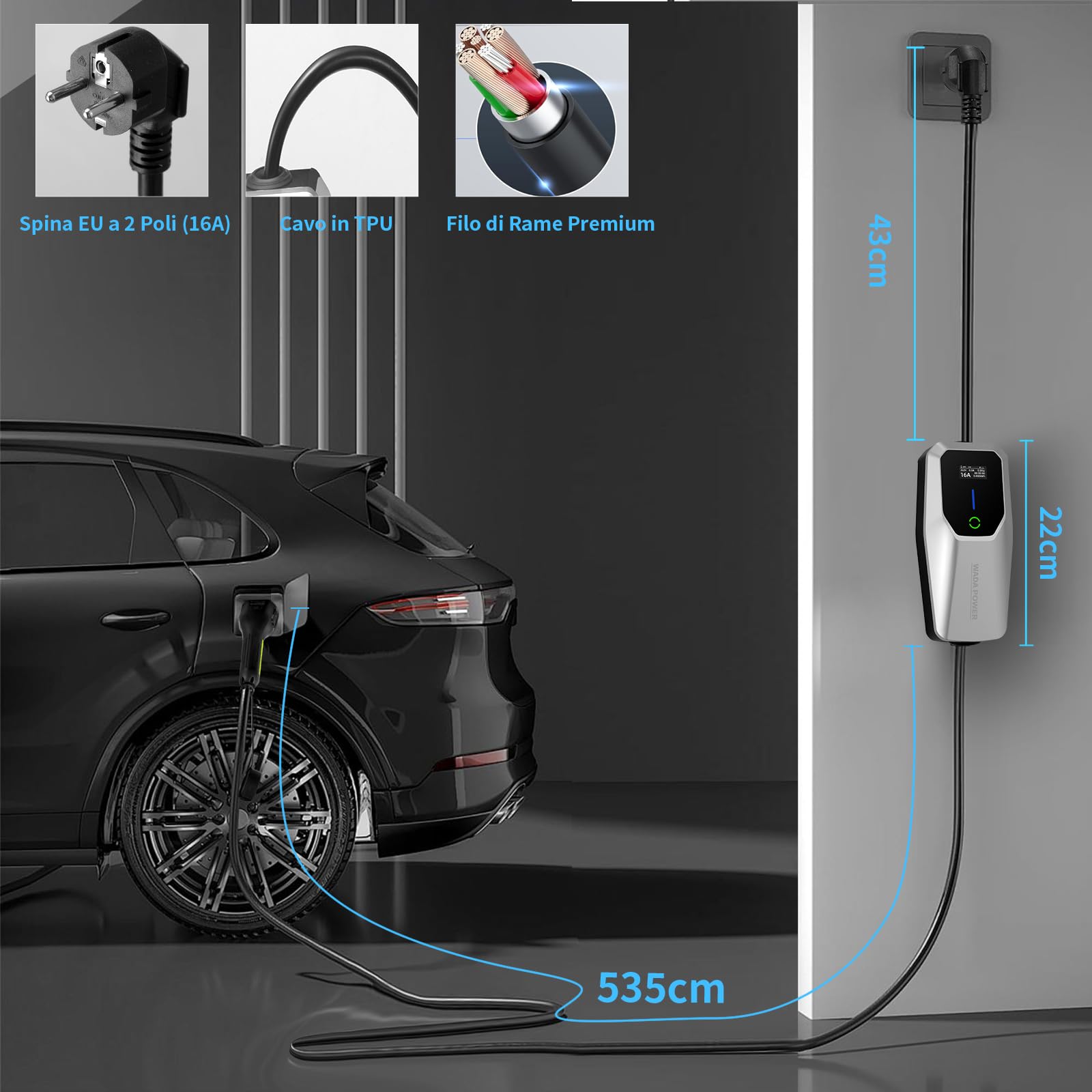 Cavo Ricarica Auto Elettrica 3,68kW [16A, 6M]: Portatile Caricatore Auto Elettriche Monofase Tipo 2 con Spina Schuko, EV Charger con LCD Controllo Digitale, IEC 62196-2