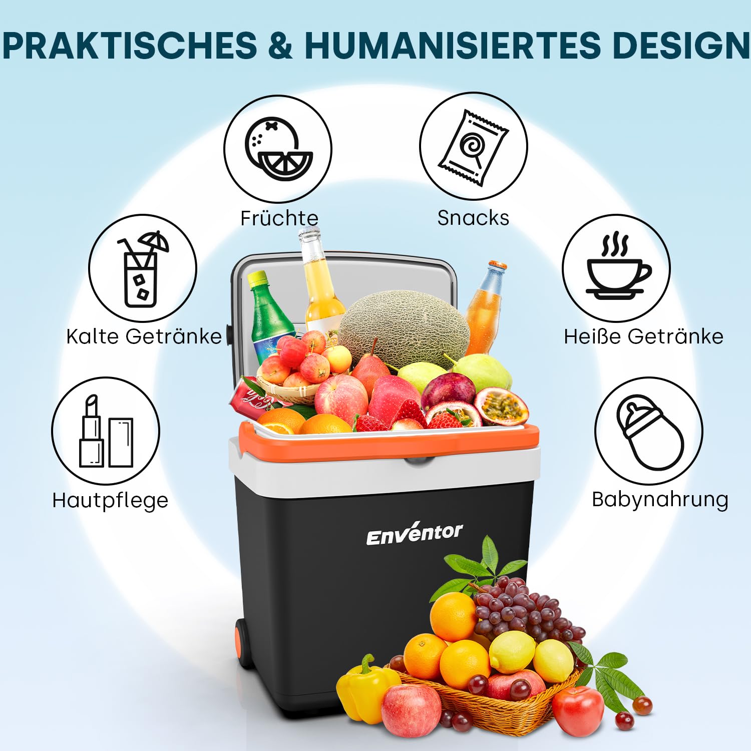 Enventor Kühlbox mit Rollen 33 Liter, 12V 230V, ECO Modus